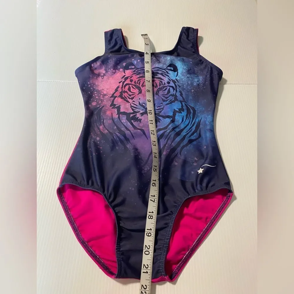 Destira elite gymnastics tank blue hot pink back leotard tiger XLC child